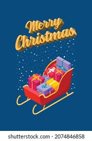 Christmas postcard Isometric of santa sleigh with piles of presents. Vector illustration