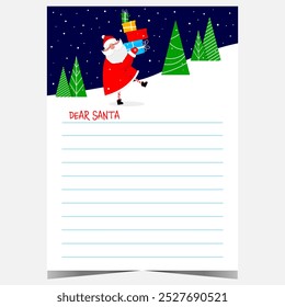 Christmas postcard or letter to Santa template with empty lines for filling with wish list and funny Santa Claus character carrying a plenty of gift boxes among Christmas trees.