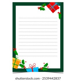 Christmas postcard or letter to Santa template with empty lines to complete by kids during winter holidays. Ready to print or for web vector illustration with decoration elements.