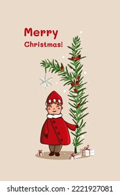 Christmas postcard. Little cute Santa Claus stands with gifts under the New Year branch. New Year mood. Children's illustration.