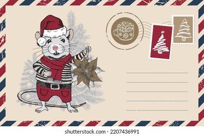 Christmas postcard, mail, hand drawn illustration.	