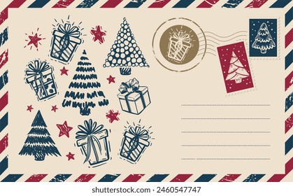 Navidades postal, correo, ilustración dibujada a mano.	