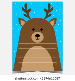 Christmas postcard or mail with wish list to Santa Claus with funny deer cartoon character in the background. Letter template for kids with empty space to write greetings for the winter holidays.