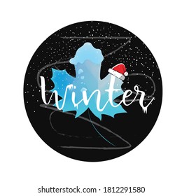 Christmas postcard  with Maple leaf in winter. Fallen snow and iced text. Canadian symbol.