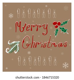 Christmas postcard with mistletoe, Christmas tree and inscription Merry Christmas on Kraft paper	