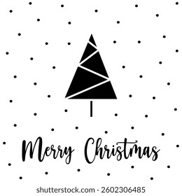 Christmas postcard with modern geometric tree design in black and white. Minimalistic hand drawn tree with broken lines. Concept stylish holiday postcard for sending Christmas wishes. Cute Postcard