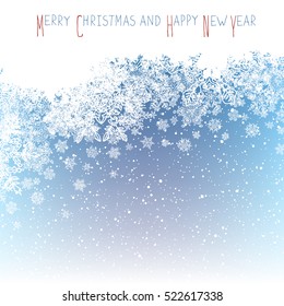 Christmas Postcard. New Year Greeting. Isolated upside area for greeting. Blue winter snowfall background. Vector illustration. 