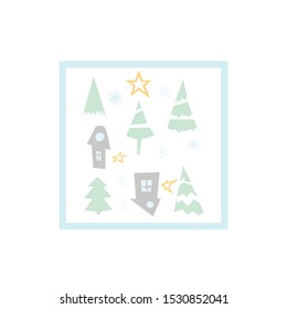 Christmas postcard with New Year Tree, Snow and Stars. Happy Winter Holiday Wallpaper with Nature Decor elements. Snowflakes tiled background design.