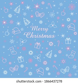 Christmas postcard on blue background with pink element. Vector illustration