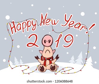 Christmas postcard with a pig. Happy New Year, New Year 2019. Pig is the symbol of the year according to the Chinese calendar.