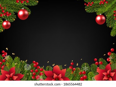 Christmas Postcard With Poinsettia Border With Gradient Mesh, Vector Illustration