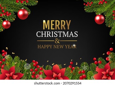 Christmas Postcard With Poinsettia Border With Gradient Mesh, Vector Illustration