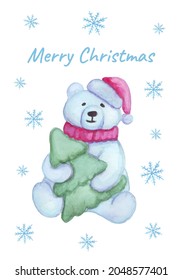 Christmas postcard with polar bear. Watercolor teddy bear sits with a Christmas tree. Beautiful vector winter illustrations.