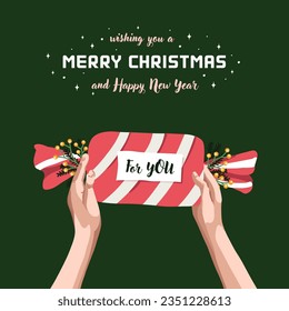 Weihnachtspostkarte mit Geschenk in Händen. Fröhliche Feiertage. Die Dekoration aus Weihnachten und Neujahr. Moderner, flacher Stil. Vektorgrafik.
