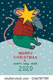 Christmas postcard with rat. New year 2020. Merry christmas. Vector illustration. Card, poster. Symbol 2020.