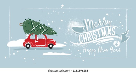 Christmas postcard. A red car is driving a Christmas tree for Christmas. Lettering and ribbons. Blue background