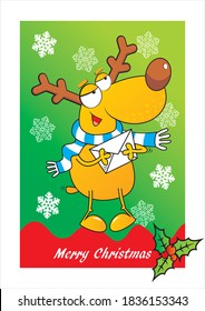 Christmas postcard, reindeer and envelope, funny illustration, vector icon