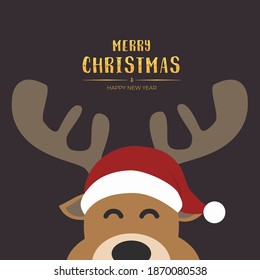 Christmas postcard. Reindeer with red hat and horns