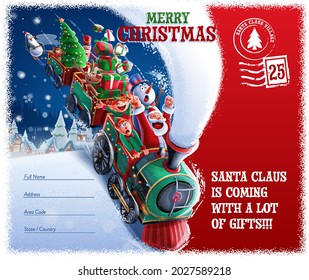 CHRISTMAS POSTCARD WITH SANTA CLAUS DELIVERING GIFTS BY TRAIN WITH ELF AND REINDEER