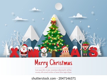 Christmas postcard, Santa Claus and friend with word XMAS, Merry Christmas and Happy New Year