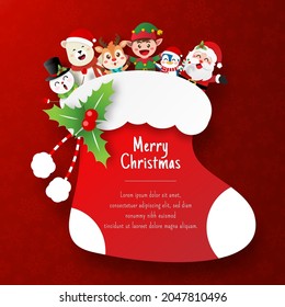 Christmas postcard of Santa Claus and friend in Christmas sock