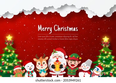 Christmas postcard of Santa Claus and friend, Paper cut illustration