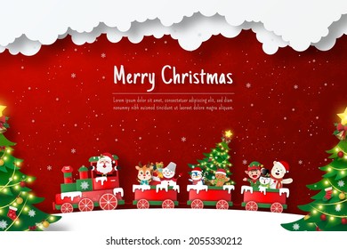 Christmas postcard of Santa Claus and friend on Xmas train, Paper cut illustration