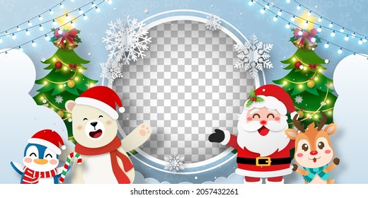 Christmas postcard of Santa Claus and friend with photo frame transparent background