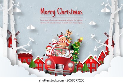 Christmas postcard of Santa Claus and friends riding Xmas car in the village