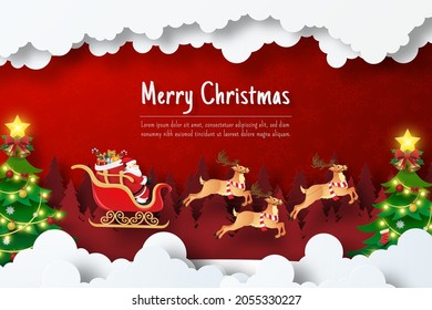 Christmas postcard of Santa Claus on a sleigh in pine forest, Paper cut illustration