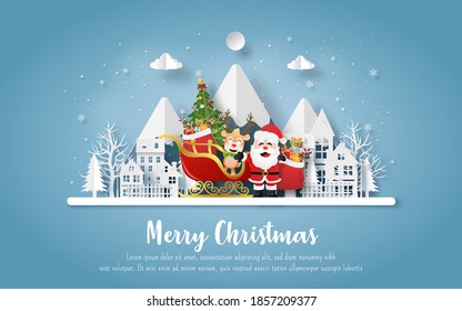 Christmas postcard with Santa Claus and reindeer