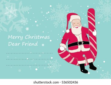 Christmas postcard with Santa Claus sitting on a giant candy cane