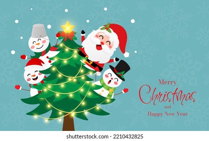 Christmas postcard of Santa Claus and snowman with Christmas tree, Merry Christmas