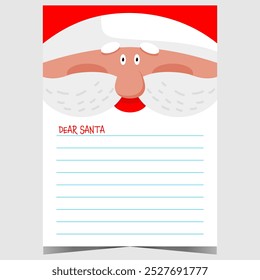 Christmas postcard for Santa or wish list blank template for filling by kids during winter holidays. Ready to print vector illustration with Santa Claus character and empty lines to complete.