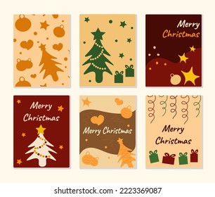 Christmas postcard set in beige tones. Orange, dark red and green colors. Simple design elements. Christmas tree, gifts, stars, dots, snowdrifts, inscription Merry Christmas. Vector illustration.