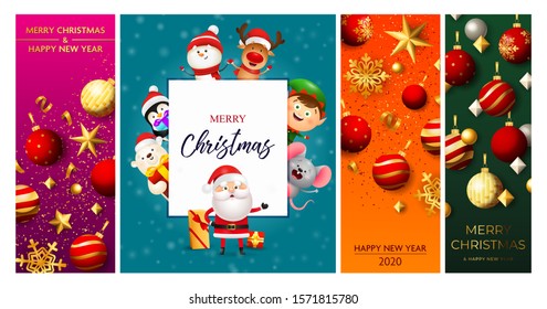 Christmas postcard set with cartoon characters, baubles, balls, snowflakes, streamer, confetti. Vector illustration for festive posters, greeting cards, vertical banner design