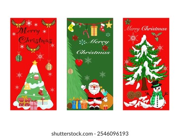 Christmas postcard set. Collection of botanical Christmas greeting cards with winter plants and flowers. Flat vector illustrations. Ready to print card design.