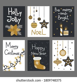 Christmas postcard set. Decorative gifts with xmas ornaments, poinsettia and candles, balls and socks with lettering winter festive gift sticker cards vector template collection