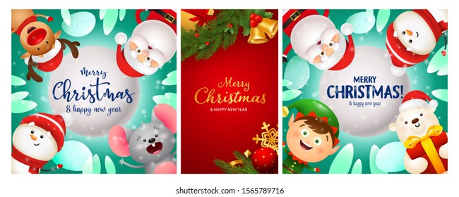 Christmas postcard set with gold bells, baubles, tree, funny cartoon characters. Vector illustration for festive posters, greeting cards, banner design