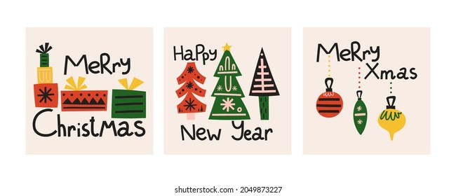 Christmas postcard set. Hand drawn scandinavian style xmas card, cartoon ethnic winter holidays elements and lettering, trendy colors tree gifts and toys, poster or print vector isolated illustration