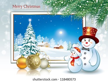 christmas postcard with snowman and holiday balls 2013