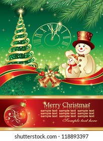 christmas postcard with snowman and xmas objects
