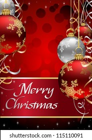 Christmas Postcard with sparkle swirl, Ribbons and Baubles