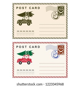 Christmas postcard with stamp, Santa Claus, car and tree. Vector template holiday letter isolated on white background.