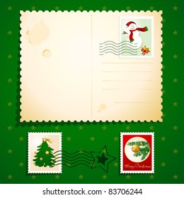 Christmas postcard with stamps, vector