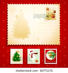 Christmas postcard with stamps, vector background