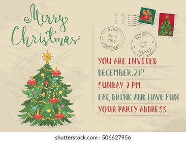 Christmas postcard. Stylized vintage Christmas and happy new year invitation postcard or mail letter with address, greeting text, stamps and postmark vector illustration. Obsolete postal envelop
