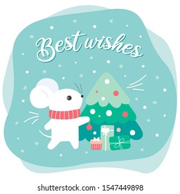 Christmas postcard with the symbol of 2020. Scene of the mice's life at the Christmas eve