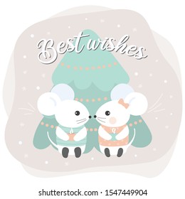 Christmas postcard with the symbol of 2020. Scene of the mice's life at the Christmas eve