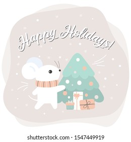 Christmas postcard with the symbol of 2020. Scene of the mice's life at the Christmas eve